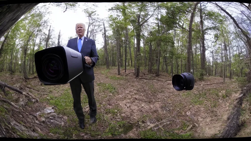 Image similar to trailcam footage of joe biden, fisheye lens,