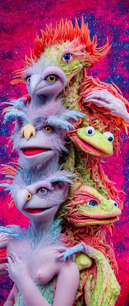 Image similar to hyper detailed 3d render like a Oil painting - kawaii portrait of two Aurora (a beautiful skeksis muppet fae princess protective playful expressive eyes from dark crystal that looks like Anya Taylor-Joy) seen red carpet photoshoot in UVIVF posing in scaly dress to Eat of the Strangling network of yellowcake aerochrome and milky Fruit and His delicate Hands hold of gossamer polyp blossoms bring iridescent fungal flowers whose spores black the foolish stars by Jacek Yerka, Ilya Kuvshinov, Mariusz Lewandowski, Houdini algorithmic generative render, Abstract brush strokes, Masterpiece, Edward Hopper and James Gilleard, Zdzislaw Beksinski, Mark Ryden, Wolfgang Lettl, hints of Yayoi Kasuma and Dr. Seuss, octane render, 8k