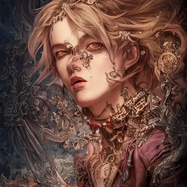 Image similar to the portrait of chaotic evil female necromancer mastermind as absurdly beautiful, gorgeous, elegant, handsome young gravure idol, an ultrafine hyperdetailed illustration by kim jung gi, irakli nadar, intricate linework, bright colors, octopath traveler, final fantasy, unreal engine 5 highly rendered, global illumination, radiant light, detailed and intricate environment