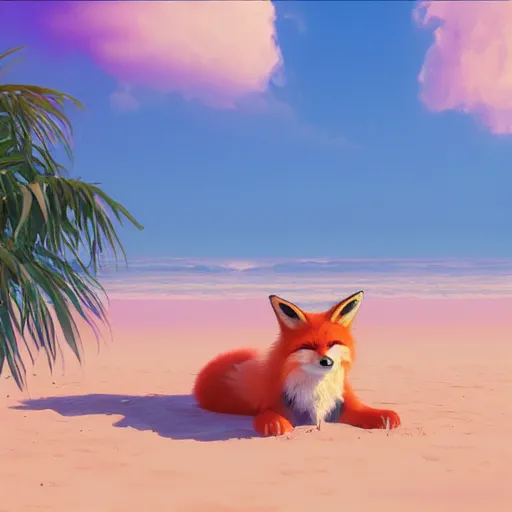 Image similar to fox chilling on the beach, photo, vaporwave, artstation