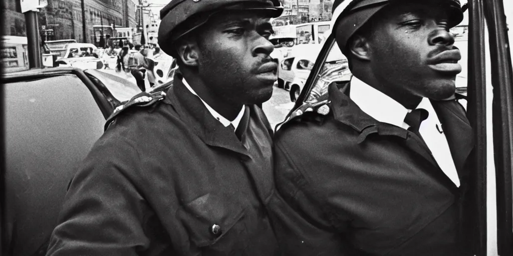 Prompt: nypd officer arrest black guy closeup, 1 9 7 0 s police car, film photography, exposed b & w photography, jill freedman photography