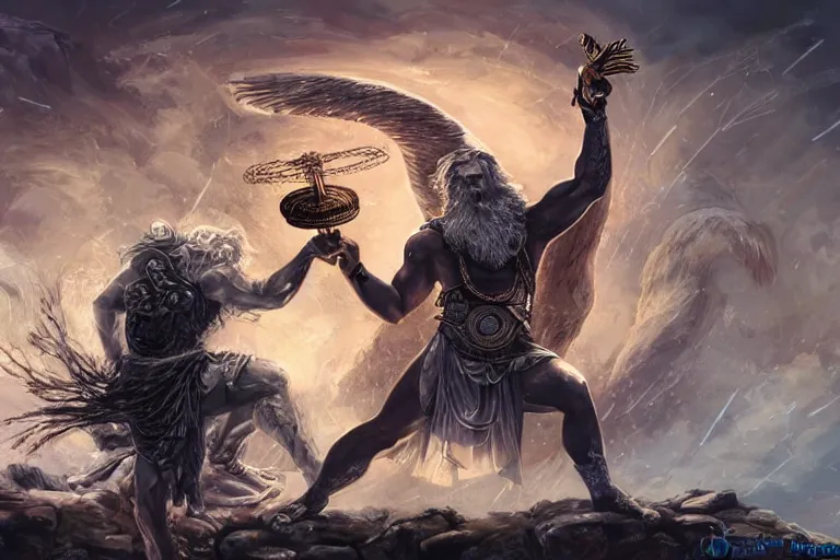 Prompt: mythological Odin all father god of thunder and artificial intelligence creating the first artificial neural network with synapses on an anvil in the ethereal city of valhalla, high resolution, award winning art, trending on art station, sharp image, incredibly detailed, odin all father detailex character