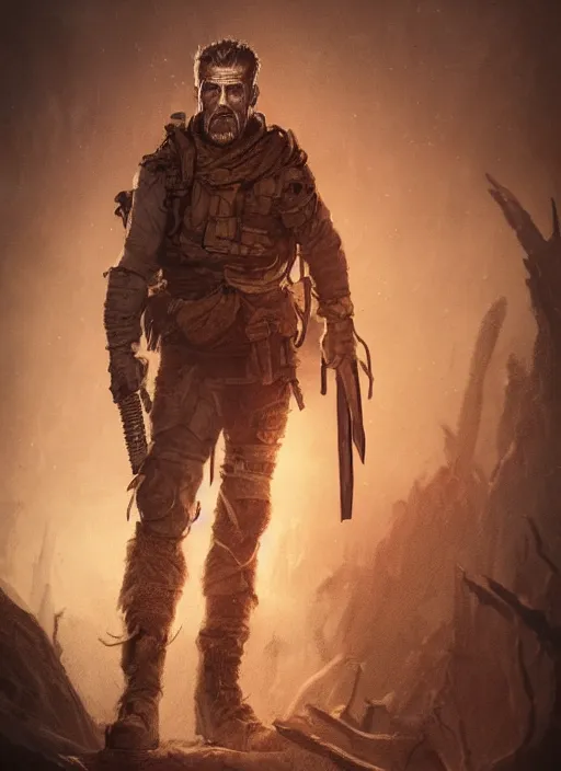 Prompt: A grimdark comic book style portrait painting of Mel Gibson as a post apocalyptic warrior survivalist in a atmospheric dark bombarded landscape with large dead trees, unreal 5, DAZ, hyperrealistic, octane render, RPG portrait, ambient light, dynamic lighting