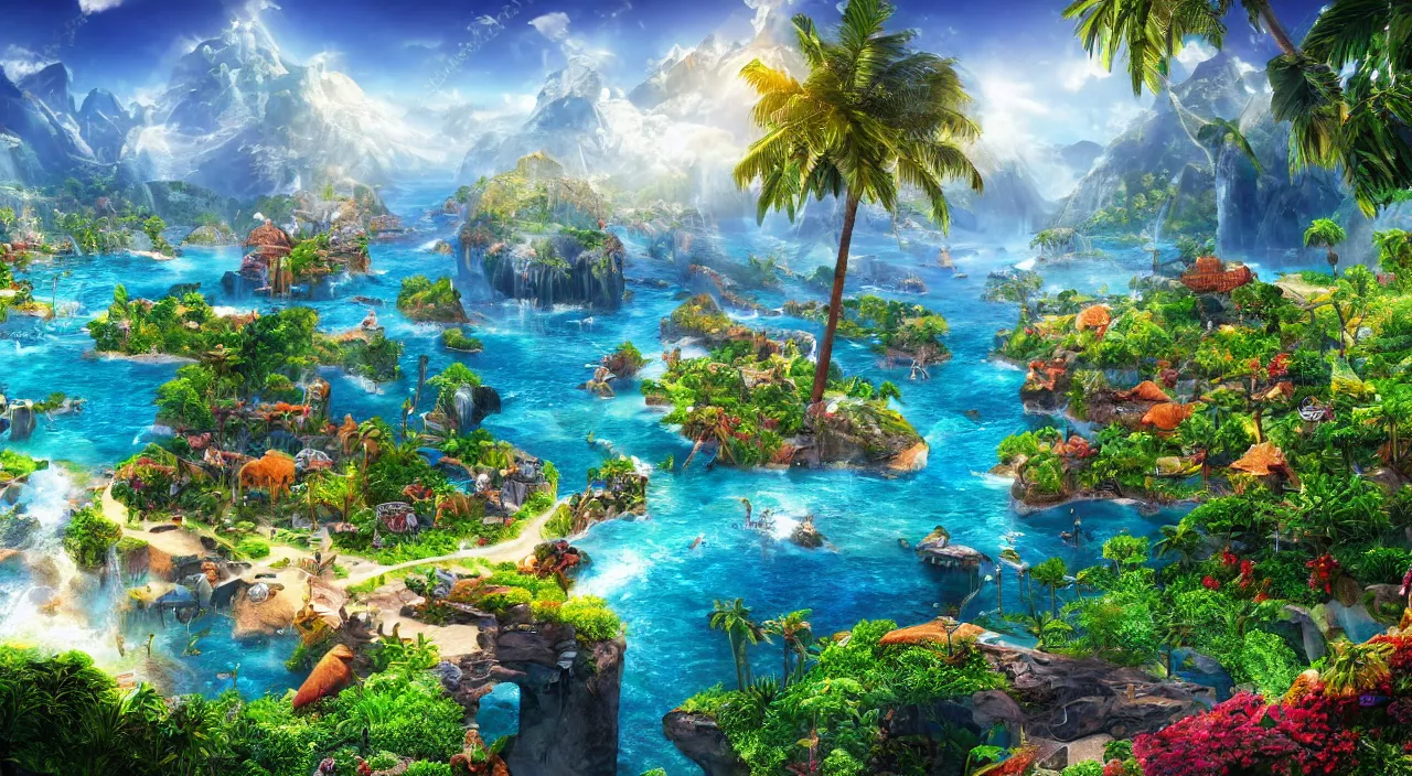 Image similar to epic paradise landscape, high definition, high detail, 8k, photorealistic,