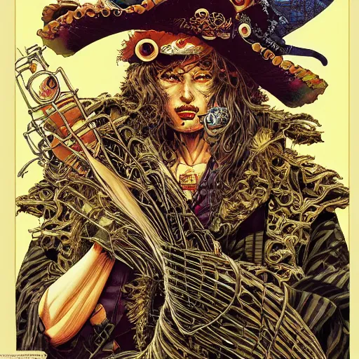 Image similar to portrait of crazy pirate, symmetrical, depth of field, by yoichi hatakenaka, masamune shirow, josan gonzales and dan mumford, ayami kojima, takato yamamoto, barclay shaw, karol bak, yukito kishiro