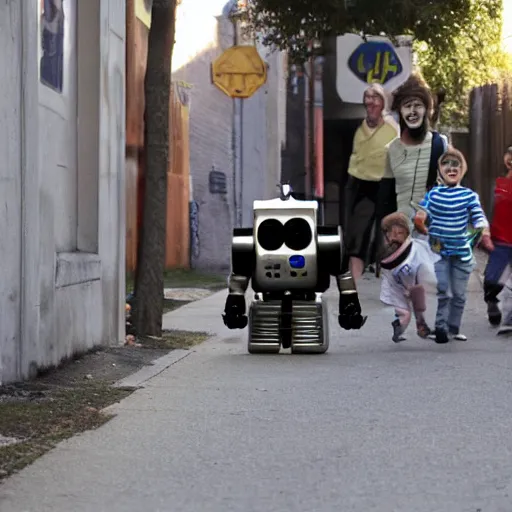 Image similar to in the style of 1960s, A scary robot is chasing after a couple of kids down the ally