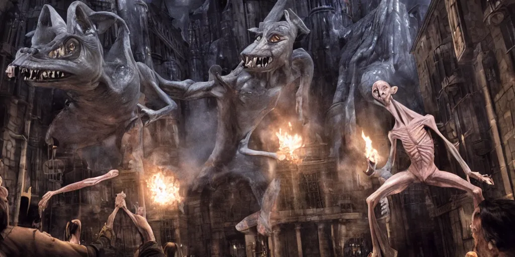 Image similar to harry potter illustration of extremely muscular Dobby fighting a Gnome at Gringotts, hd 4k