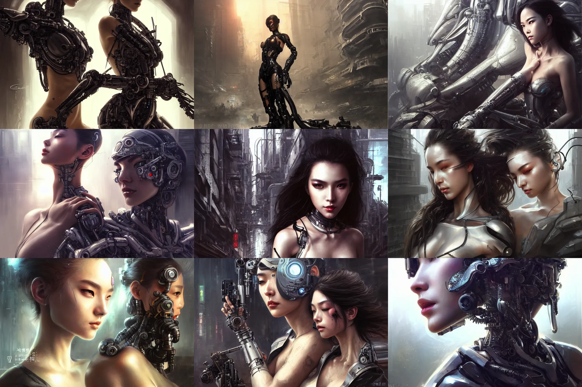 Prompt: ultra realistic beautiful alluring cyborg techno art, gorgeous face and figure, dramatic pose, in post apocalyptic tokyo, sci - fi, fantasy, intricate, elegant, highly detailed, digital painting, artstation, concept art, smooth, sharp focus, illustration, art by tian zi and artgerm and greg rutkowski and alphonse mucha and xiaoguang sun