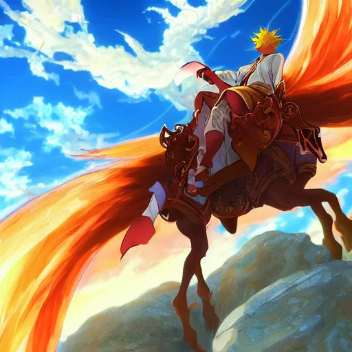 Prompt: a beautiful ultradetailed anime illustration of a man in Biblical clothing flying in the sky on his fiery chariot, desert background chariot on fire, horses on fire by makoto shinkai, anime wallpaper 4k, prismatic