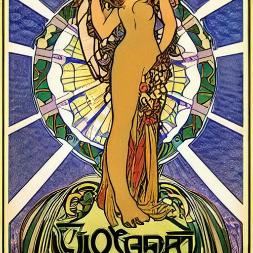 Image similar to art nouveau godzilla by alphonse mucha