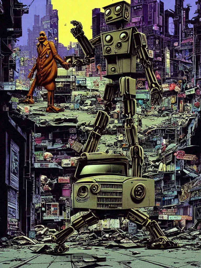 Image similar to an individual Giant wooden robot walking down the street, a crushed car is under the robot’s foot by Richard Corben, cinematic, cyberpunk, crime noir