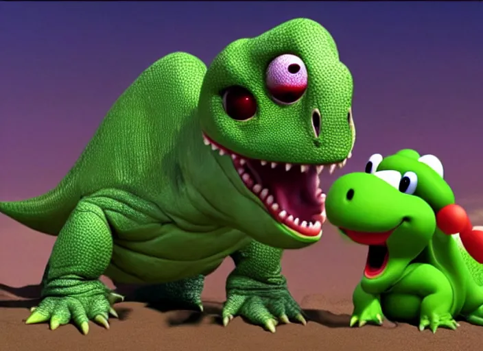 Image similar to film still of yoshi in the new sci - fi movie, upright dinosaur with a small turtle shell and long tongue, 8 k