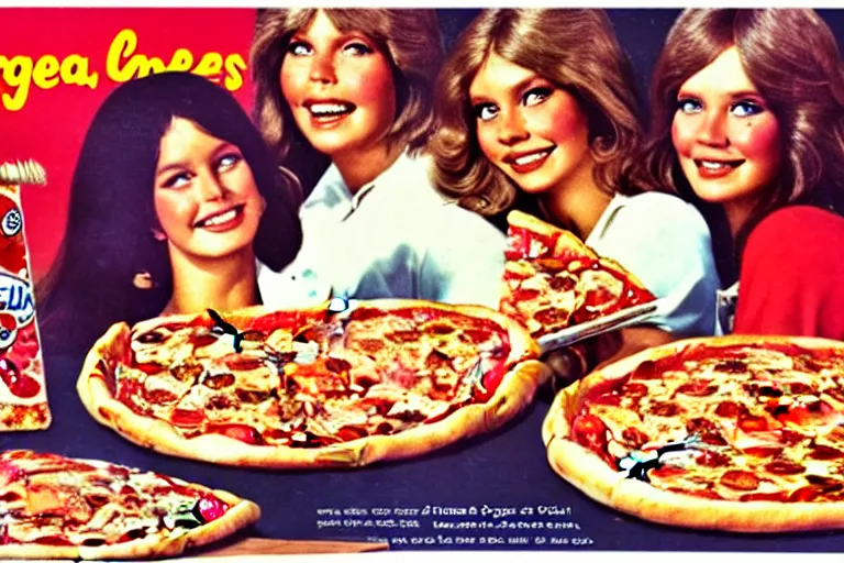 Prompt: 70s, angels, pizza, advertisement