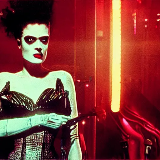 Image similar to cinematic portrait of bride of frankenstein as a replicant in a busy nightclub, frightened and angry, still from the movie bladerunner, fashion photography, a neon sign is in the background