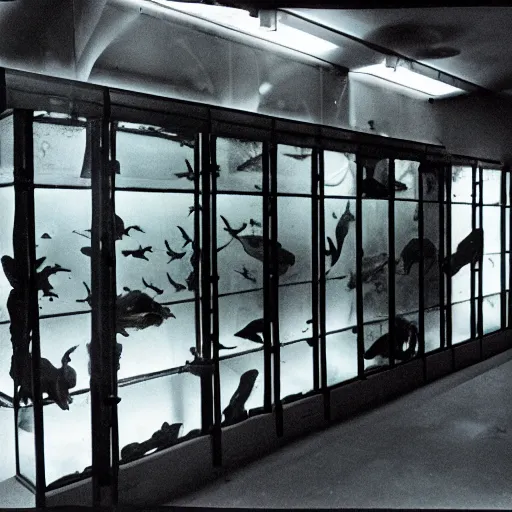 Image similar to spooky creepy liminal space, display case, aquatic exhibition science museum, half - dried aquarium with submerged spine, bright computer screens, backroom stairs leading down under water, photo taken on 1 9 8 0 s fujifilm superia