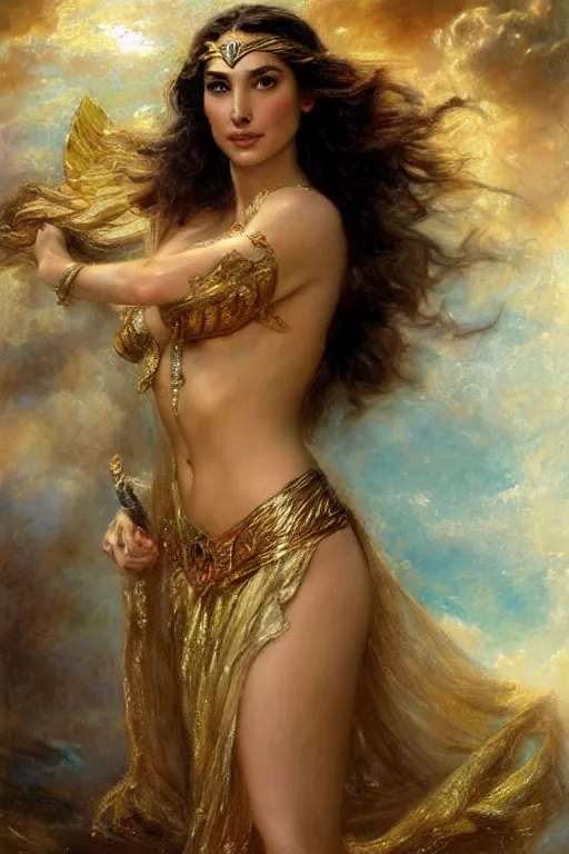 Image similar to high detail portrait of gal gadot as the goddess aphrodite. art by gaston bussiere.