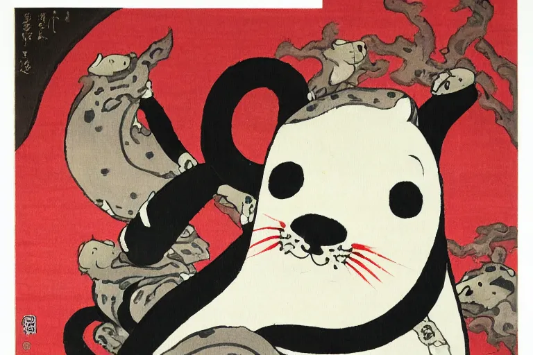 Image similar to baby harp seal as Japanese demons, traditional Japanese painting