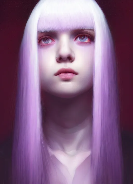 Prompt: hair whitebangs hair, black hair, whitebangs, portrait of teenage girl with white bangs, red irises, purple clothes, white bangs, bangs are different color from hair, intricate, elegant, glowing lights, highly detailed, digital painting, artstation, concept art, smooth, sharp focus, illustration, art by wlop, mars ravelo and greg rutkowski