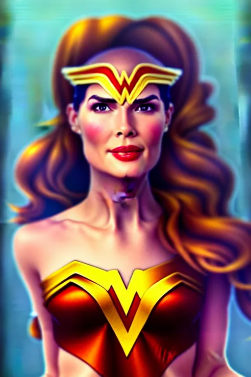 Image similar to portrait of a mix of beautiful young maria shriver, mariel hemmingway, brooke shields and elle macpherson as wonderwoman, thin lips, hair tied up in a pony tail, colorful artstation, cgsociety