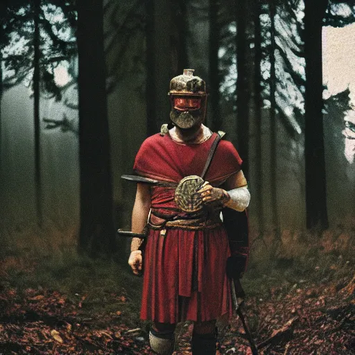 Image similar to close up kodak portra 4 0 0 photograph of a roman legimeer after the battle standing in dark forest, moody lighting, telephoto, 9 0 s vibe, blurry background, vaporwave colors, faded