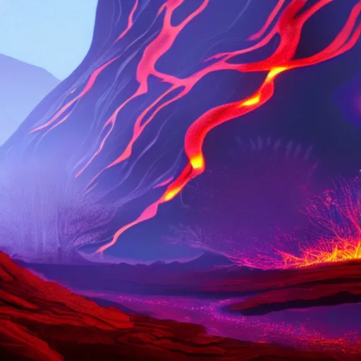 Prompt: fiery trees, lava on the flow, sky is glowing purple, award winning concept art, Thomas Cole, Trending on Artstation, 4k, 8k