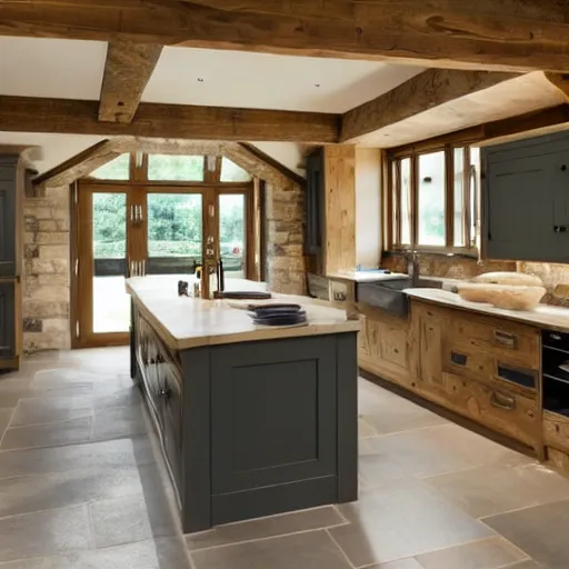 Prompt: modern rustic luxury bespoke kitchen design by Tom Howley