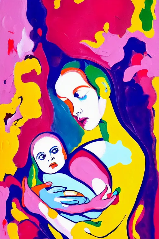 Prompt: a painting of a woman holding a baby, an ultrafine detailed painting by peter max and hernan bas and anna mond, featured on deviantart, metaphysical painting, biomorphic, fauvism, mixed media, photorealistic, dripping paint, palette knife texture, masterpiece