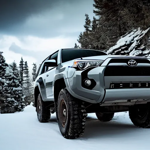 Prompt: Toyota 4Runner, Professional Photography, Skyrim, Off-roading, Mountain landscape, dirt, road, cinematic color, photorealistic, highly detailed wheels, highly detailed