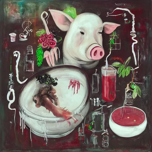 Image similar to “ a portrait in a female art student ’ s apartment, sensual, a pig theme, pork, bath, art supplies, surgical iv bag, octopus, ikebana, herbs, a candle dripping white wax, japanese pottery, squashed berries, berry juice drips, acrylic and spray paint and oilstick on canvas, surrealism, neoexpressionism ”