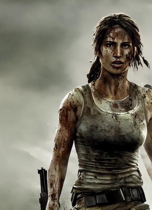 Image similar to a film still of lara croft as cop, her clothes little damaged because explosion, her face muddy and sweat, direct sun light, close up potrait, cinematic,