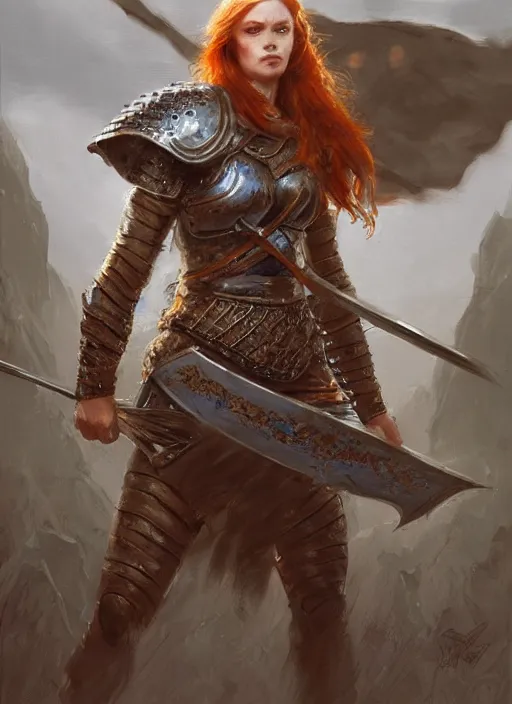 Image similar to highly detailed painting of a warrior woman commander, knight, icelandic, redhead, blue - eyes, high fantasy, dungeons and dragons art by jon foster trending on artstation painted by greg rutkowski, painted by stanley artgerm