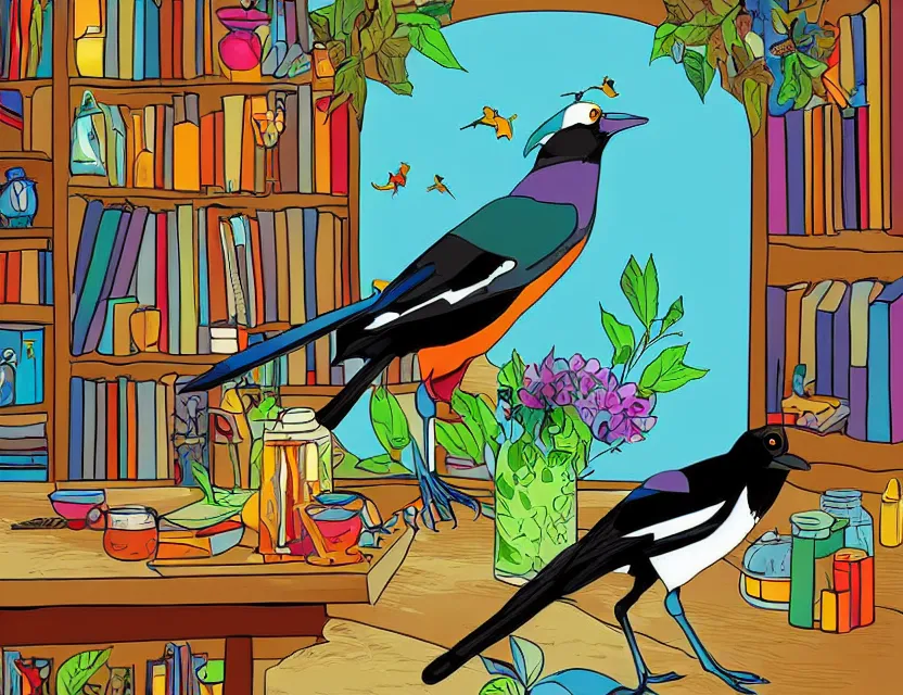 Prompt: magpie in an alchemist's study. this colorful vector art by the beloved children's book illustrator has a beautiful composition, dramatic lighting.