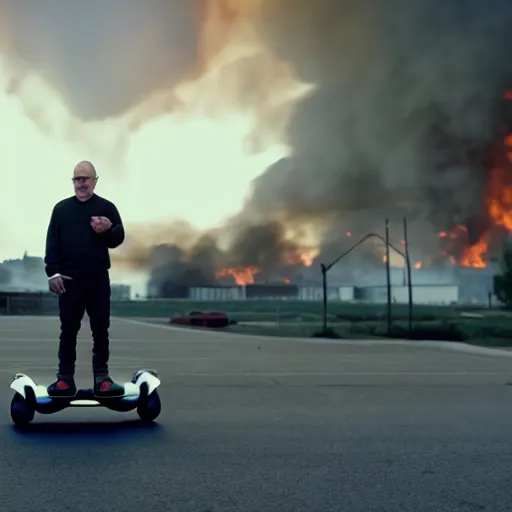 Image similar to Photo of Walter White standing on a hoverboard with several burning buildings behind him, cinematic lighting, highly detailed, 8k