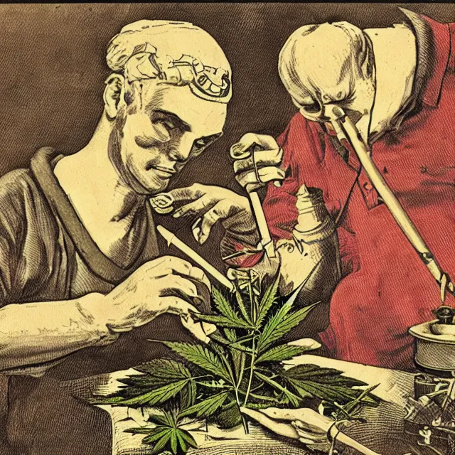 Image similar to dissection of a cannabis joint, vintage textbook illustration