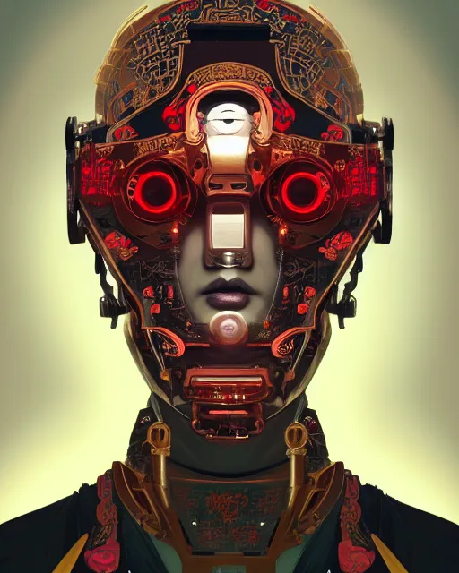 Image similar to portrait of a cyberpunk machine, machine face, upper half portrait, decorated with chinese opera motifs, asian, fine china, traditional chinese art, intricate, elegant, highly detailed, symmetry, headpiece, digital painting, artstation, concept art, smooth, sharp focus, illustration, art by artgerm and greg rutkowski and alphonse mucha, 8 k