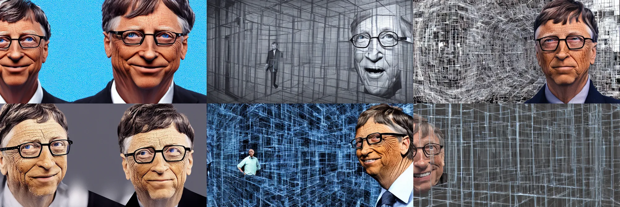 Prompt: really wild 3d render of bill gates trapped inside of windows like it\'s a hyper dimensional space prison