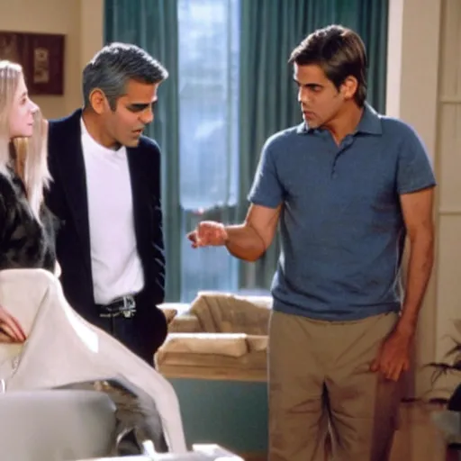 Image similar to George Clooney showing white blueprint to friends, movie scene, cinematic, highly detailed, sharp detail