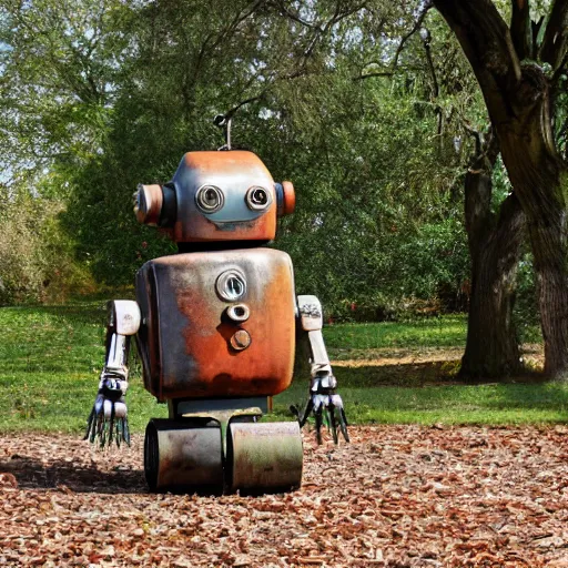 Image similar to rusty robot sitting by a tree, auction catalogue photo