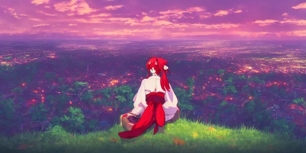 Image similar to reimu sitting on a hill off to the side looking down upon swedish town, during dawn, cinematic, very warm colors, intense shadows, anime illustration, anime screenshot composite background