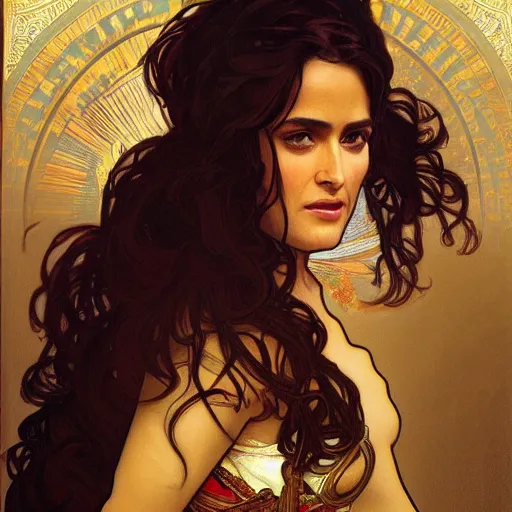 Image similar to salma hayek portrait by alphonse mucha, playful, fantasy, medieval, beautiful face, perfect detailed eyes, vivid colrs, elegant, concept art, sharp focus, digital art, hyper - realistic, 4 k, unreal engine, highly detailed, hd, dramatic lighting by brom, trending on artstation, holy halo