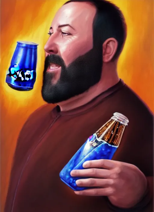 Image similar to a _ fantasy _ style _ portrait _ painting _ of burt kreischer drinking pepsi, rpg dnd oil _ painting _ unreal _ 5 _ daz. _ rpg _ portrait _ extremely _ detailed _ artgerm _ greg _ rutkowski _ greg