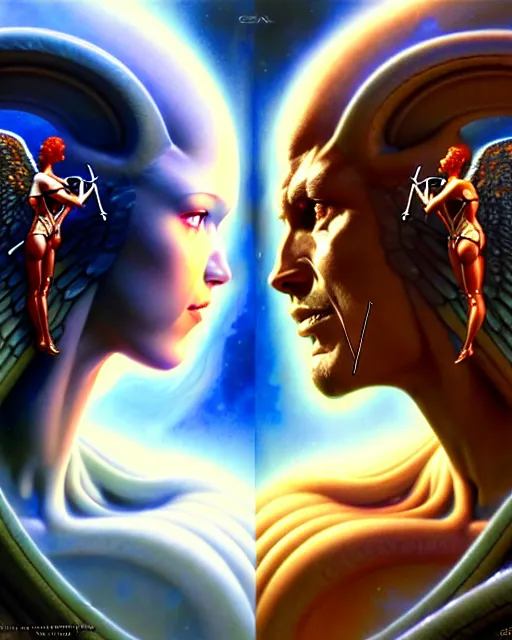 Image similar to a portrait of gemini angel and devil fantasy character portrait facing each other, ultra realistic, wide angle, intricate details, the fifth element artifacts, highly detailed by peter mohrbacher, hajime sorayama, wayne barlowe, boris vallejo, aaron horkey, gaston bussiere, craig mullins