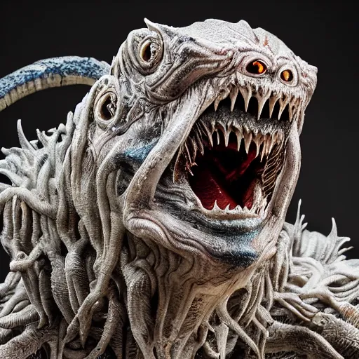 Prompt: photo taken of an epic intricate, ultra detailed, super realistic gritty, terrifying, lifelike sculpture of a nightmarish siren creature design created by weta workshop, zoomed in shots, photorealistic, sharp focus, white wall coloured workshop, cold colour temperture, f 0. 4, face centred