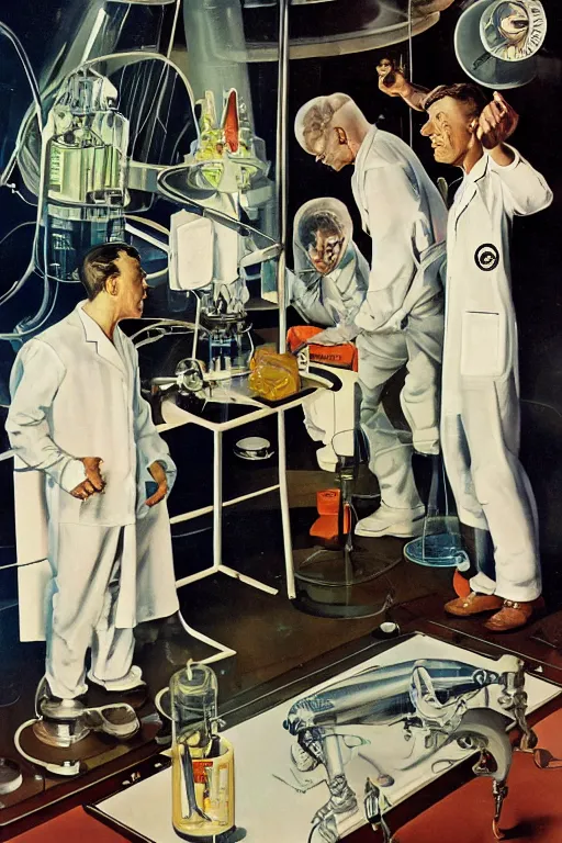 Prompt: 5 0 s pulp science fiction illustration of scientists in white lab coats on spacecraft observing extra terrestrial creature in glass container, art by earle bergey, norman rockwell, frank schoonover, leyendecker, allen anderson, greg staples, basil gogos, syd mead