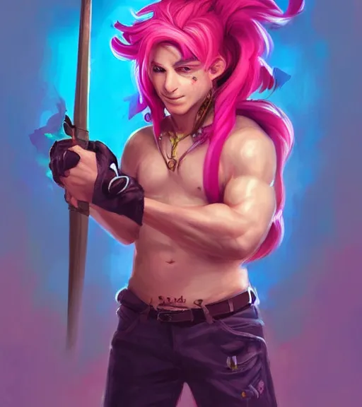 Prompt: portrait of'tomba!'with pink hair, holding a hammer of fire by ross tran, artgerm and wlop