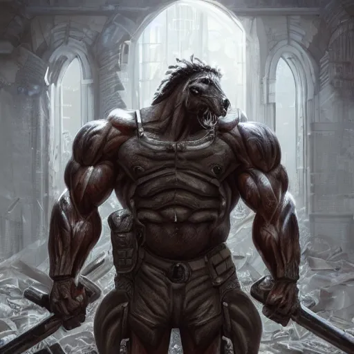 Image similar to a hyper - muscular anthropomorphized male horse with a magnificently muscular physique wearing tactical gear standing in the ruins of a facility, furry art, furaffinity, highly detailed, digital painting, artstation, concept art, magic the gathering, illustration by artgerm, greg rutkowski