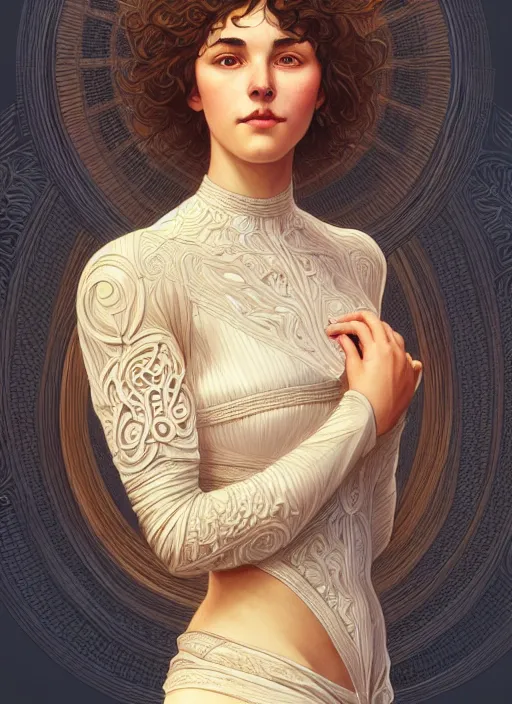 Image similar to symmetrical, full body portrait of a woman with short wavy hair, round face, cottagecore!!, lake, intricate, elegant, highly detailed, digital painting, artstation, concept art, smooth, sharp focus, illustration, art by artgerm and greg rutkowski and alphonse mucha