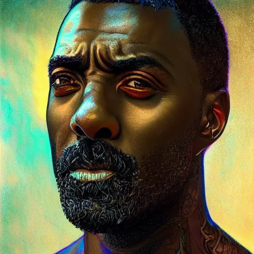 Image similar to portrait of idris elba, hyper detailed masterpiece, neon floral pattern, jean giraud, digital art painting, darkwave goth aesthetic, psychedelic, artgerm, donato giancola and tom bagshaw