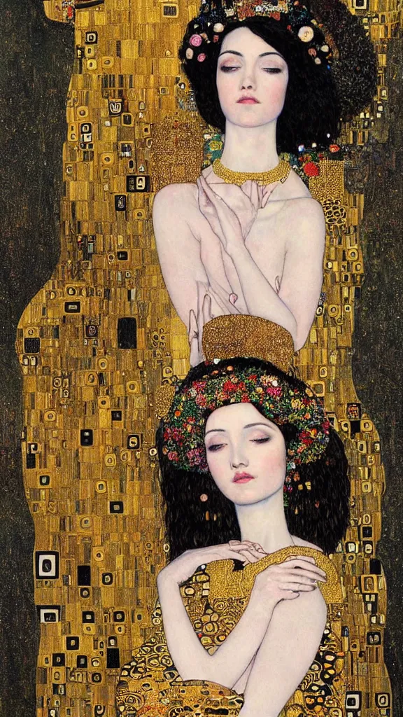 Image similar to a soft and breathtaking detailed painting of a beautiful black haired woman with pale skin and a crown on her head sitted on an intricate metal throne in the style of gustav klimt, blonde hair, shiny gold, elegant, highly detailed, artstation, fluo colors, concept art, matte, sharp focus, art by gustav klimt