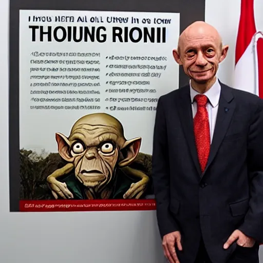 Image similar to president gollum standing in front of a poster with an image of the one ring